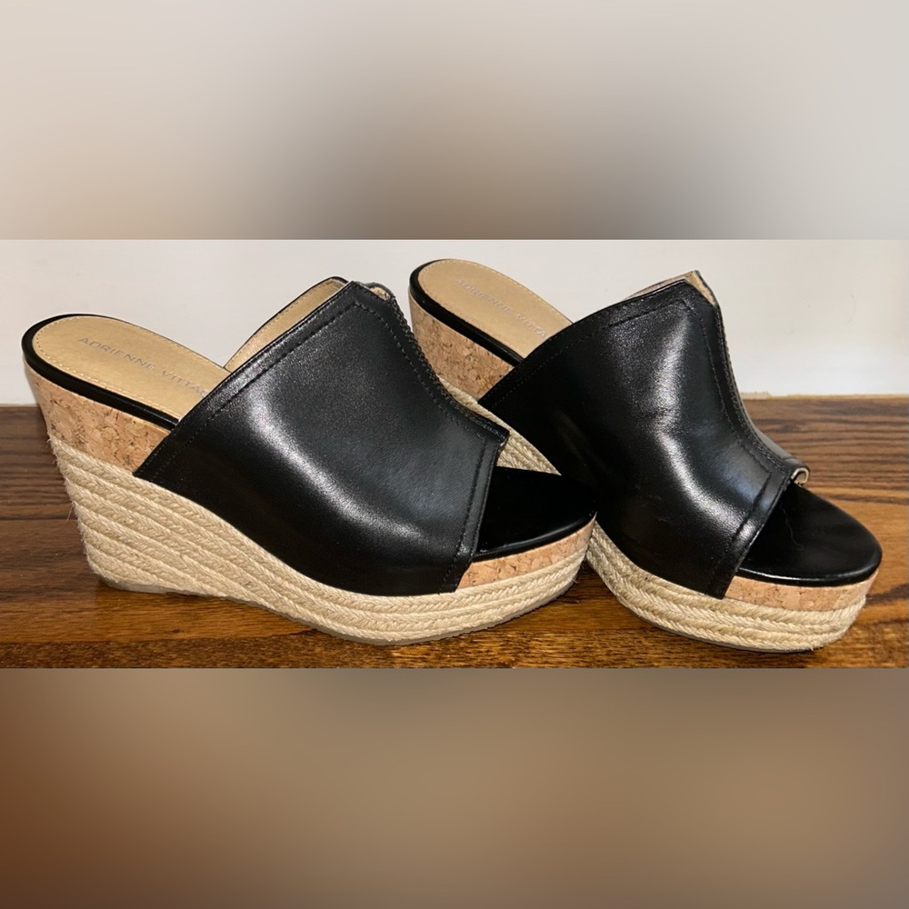 Adrienne Vittadini Black and Tan Wedge Mules, Size 7.5